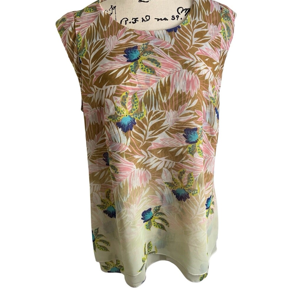 CAbi #5216 Tropical Print Parlor Top Size L Large Split Back Sleeveless Blouse